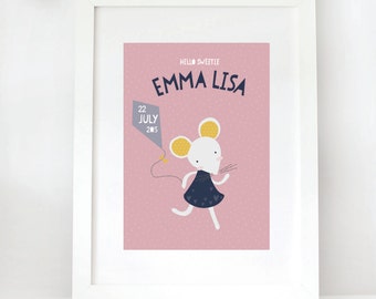 Personnalisé pour petite fille mignonne souris / Custom illustration murales pour chambre d’enfant / sans cadre d’impression