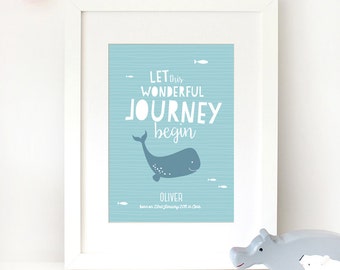 Personalised baby print, nursery wall art, whale print, newborn baby gift, birth details, let this wonderful journey begin