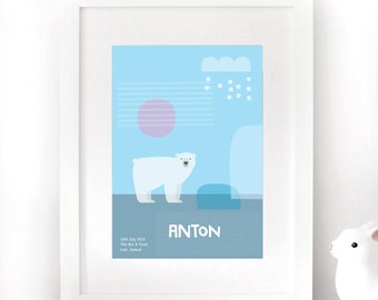 Personalised polar bear print for new baby girl or boy / Custom wall art for nursery or kids room / unframed print