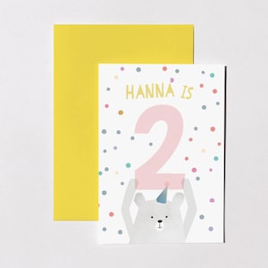 Cartão de aniversário infantil personalizado, número de urso fofo, cartão de felicitações de confete, cartão de feliz aniversário, nome personalizado, aniversário infantil