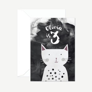 Coole Katze personalisierten Geburtstagskarte für ein kleines Mädchen oder junge, individuelle Grußkarte alles Gute zum Geburtstag, leere Karte, monochrome Kinder Karte