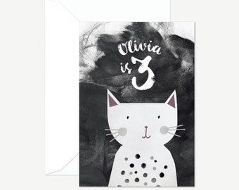 Cool cat personalised birthday card for a little girl or boy, custom greeting card, happy birthday, blank card, monochrome kids card