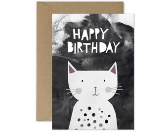 Verkoop!!! 50% KORTING! Wenskaart A6, Happy Birthday Card, monochrome wenskaart, cute cat, blanco kaart, bruine envelop