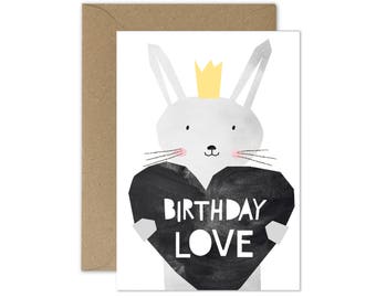 SALE!!! 50% OFF! Greeting card A6, happy birthday card, monochrome greeting card, cute bunny, birthday love, blank card, brown envelope