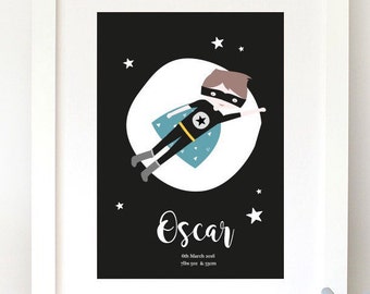 Superhero custom name print for a boy / personalised wall art for a nursery or kids room / unframed print