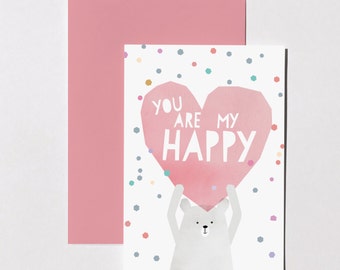 SALE!!! Greeting card A6, you are my happy, love heart and bear, pastel colours, modern card, cute valentines card