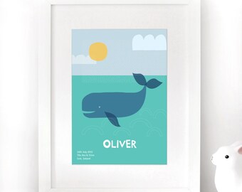 Personalised whale print for new baby girl or boy / Custom wall art for nursery or kids room / unframed print