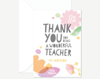 Personalised teacher thank you card, floral thank you, gift for teacher, greeting card with envelope, cute colourful thank you card
