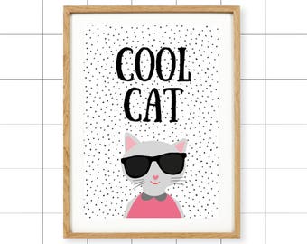 SALE! 50% OFF! A4 scandi print, Cool cat, monochrome with hot pink, unframed print