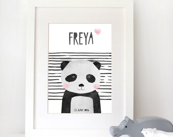 Personalized baby print, monochrome nursery art, panda illustration, custom wall art, unframed print