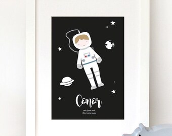 Astronaut custom name print for a boy or girl / personalised birth announcement wall art for a nursery / unframed print