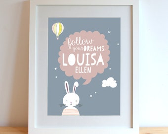 Follow your dreams, Personalized print, Custom name wall decor, newborn gift, Cute bunny, christening gift baby girl