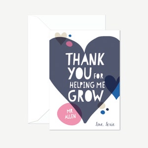 Carte de remerciement personnalisée enseignant, coeur d’amour, je vous remercie pour une enseignante merveilleuse, pour m’aider à grandir, carte de voeux, carte de remerciement moderne