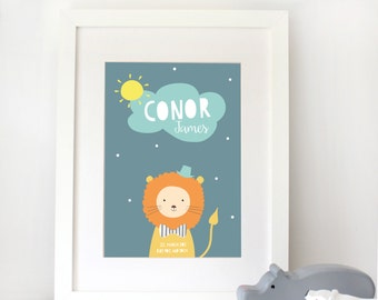 Personalized nursery baby lion print / Custom name wall art for boy or girl / unframed print