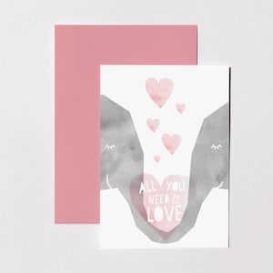 Tout ce que vous avez besoin est amour, carte de voeux A6, éléphants en amour, carte de la Saint-Valentin, carte de mariage, amour coeur