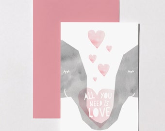 All you need is love, greeting card A6, elephants in love, valentine's card, wedding card, love hearts