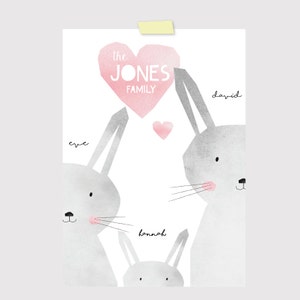 Personalised family print, pastel colours, bunny family illustration, custom wall art, unframed print