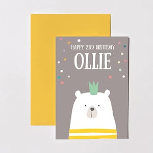 Cartão de aniversário personalizado, urso fofo com coroa, cartão de felicitações, aniversário de criança legal, cartão de visita personalizado, cinza e amarelo