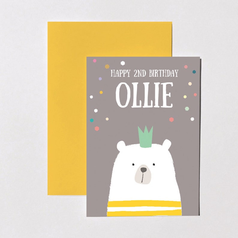 Personalised birthday card, cute bear with crown, greeting card, cool kid birthday, custom name card, grey and yellow image 1