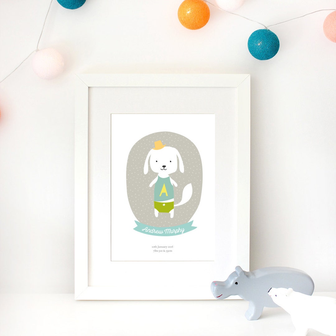 Personalised Dog Illustration Nursery Wall Art / Cute Baby Birth ...