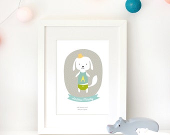 Personnalisé chien illustration crèche wall art / mignon bébé naissance annonce pour une fille ou un garçon / sans cadre d’impression