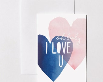 Love hearts greeting card, A6, oh baby I love you, valentine's card, pink and navy love hearts, pastel colours, illustration