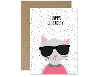 SALE!!! 50% OFF! Greeting card A6, happy birthday card, cool cat greeting card, blank card, brown envelope