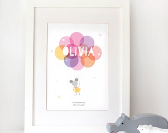 Custom name print for kids room / balloon mouse wall art for a little girl / christening gift / unframed print