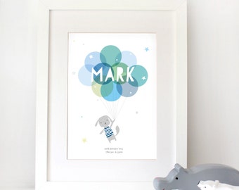 Custom name print, balloon print, cute dog illustration, personalised wall art, christening gift boy / unframed print