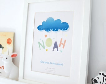 Personalised birth details, newborn baby girl or boy, custom nursery wall art,  cloud print, new baby gift, christening present