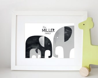 Personalized family print, monochrome nursery art, elephant illustration, custom wall art, unframed print