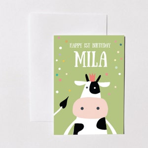 Cartão de aniversário personalizado, vaca legal com coroa, cartão verde, aniversário de criança legal, cartão de nome personalizado