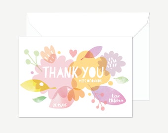 Thank you card for teacher, custom floral thank you, gift for teacher, greeting card with envelope, cute colourful thank you card