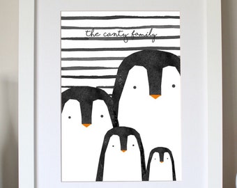 Personalized family print, monochrome nursery art, penguin illustration, custom wall art / unframed print