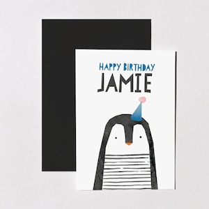 Cartão de aniversário personalizado, pinguim com chapéu de festa, cartão monocromático, aniversário infantil legal, cartão de nome personalizado