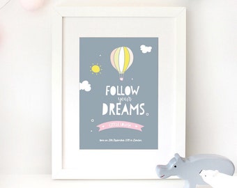 Follow your dreams / Personalised nursery wall art / cute baby birth announcement for a girl or boy / unframed print