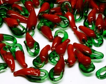 12 small glass hot red chili peppers beads charms lampwork 16-18mm