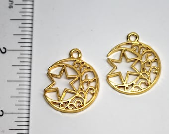 Set of 2 Charms Moon and Star Shaped Open Back Bezel Pendant Gold DIY for UV Resin making Metal Frame Shaped Blank Tray