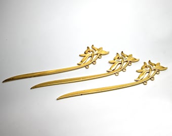 Set of 3 Hair Pins Sticks for DIY Projects Headpiece Making Gold Tone Flower Metal Hair Stick 3 holes
