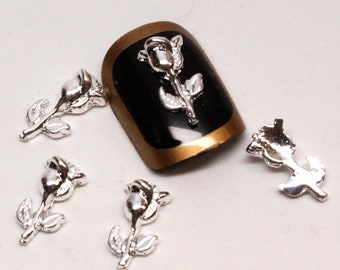12 pcs Miniature Mini Silver Roses Designer Nail Art Charm Shiny Metal 3D Tiny Mini UV Résine Embellissement Accessoires de décoration