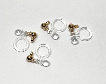 4 Pairs Invisible Clip on Earrings Non-pierced Gold Tone Ball Head with Loop DIY Findings Plastic Clear U Shape Jewelry Making Findings