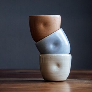 Pu&ograve; includere: Tre tazze in ceramica impilate l'una sull'altra. La tazza superiore &egrave; di colore marrone chiaro, la tazza centrale &egrave; di colore blu chiaro e la tazza inferiore &egrave; di colore bianco. Tutte e tre le tazze hanno una superficie testurizzata e irregolare.