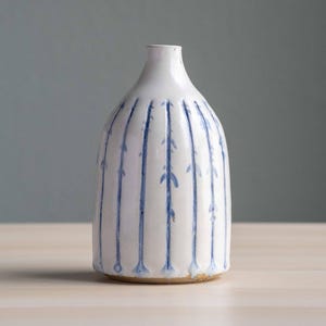 Handmade Carved Ceramic Bud Vase - Blue and White Striped