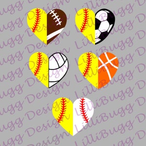 May include: Four heart-shaped designs featuring half of a softball and half of another sport. The sports include football, soccer, volleyball, and basketball.