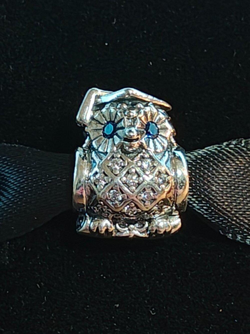 Authentic Pandora Graduate Owl Charm &ndash; 791502NSB Sterling Silver with Blue Cryst