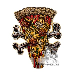 May include: Embroidered patch featuring a pizza slice with a skull and crossbones design. The pizza has red, yellow, and brown colors, with a dripping effect. The patch is on a white background.