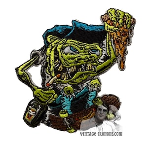 May include: Green and yellow cartoon character wearing a blue and black hat, holding a cigarette and a bottle of liquor. The character has a menacing expression and is holding a dripping orange substance in its right hand.