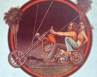 David Mann Couple Riding a Chopper 1975 Roach Vintage Iron On Heat Transfer