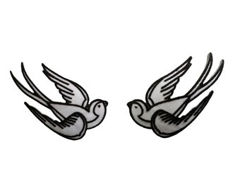 White & Black Swallow / Sparrow Birds Iron-on Patch Left and Right Set
