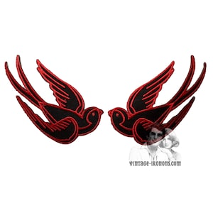 Red & Black Swallow / Sparrow Birds Iron-on Patch Left and Right Set